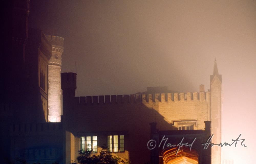 Detail von Schloss Babelsberg im Nebel