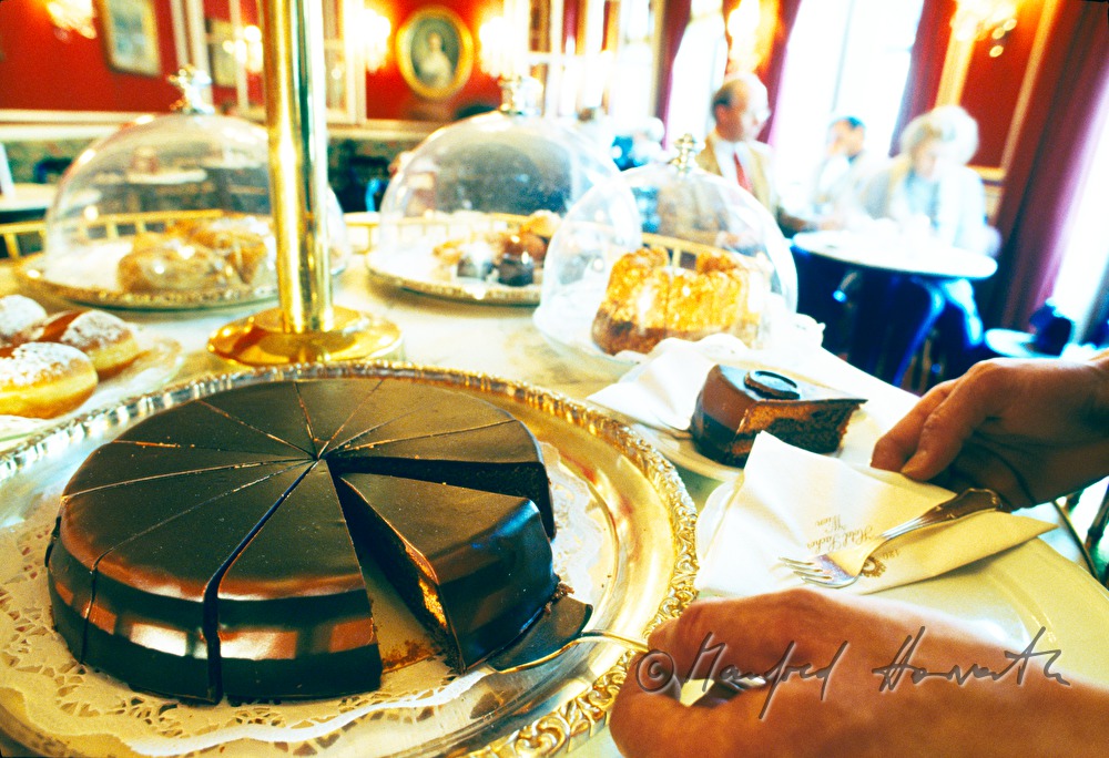 Kellner serviert eine Sachertorte