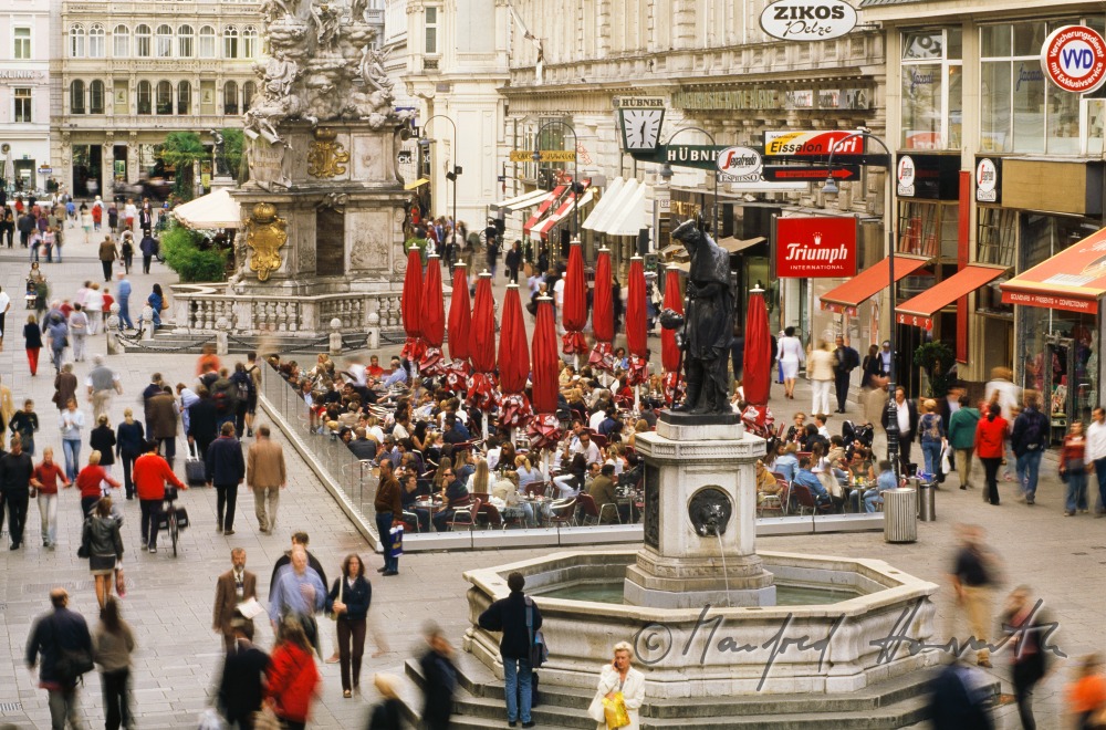 Einkäufer, Cafe, Brunnen