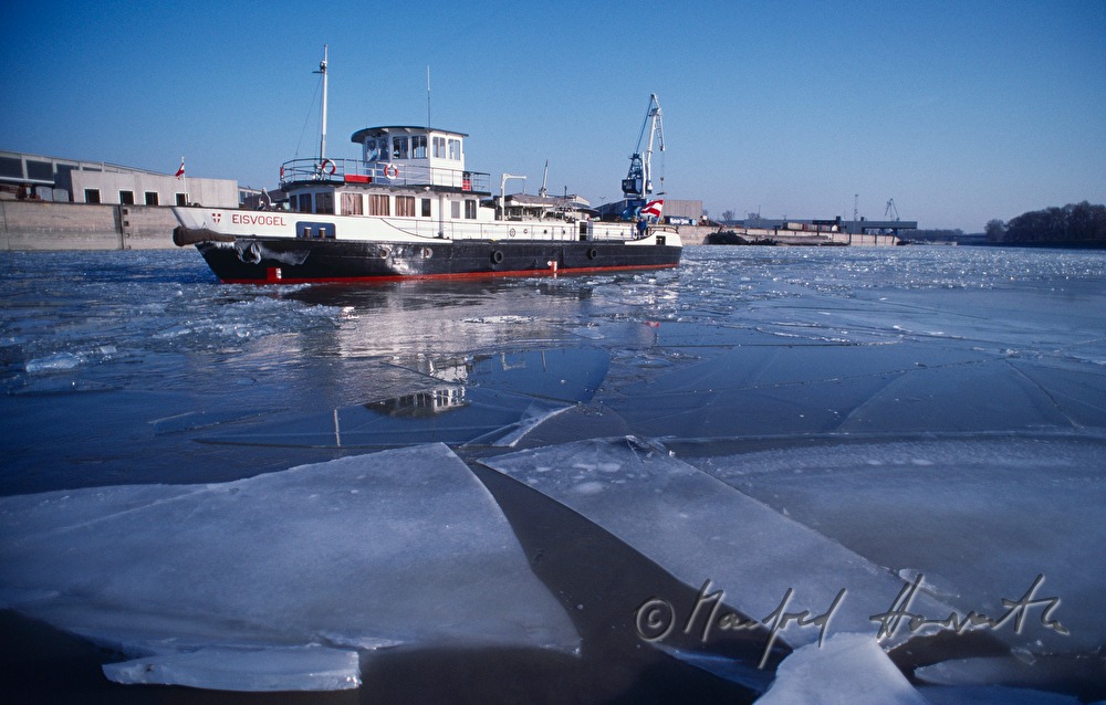 Eisbrecherschiff MS Eisvogel beim Eisbrechen der Donau