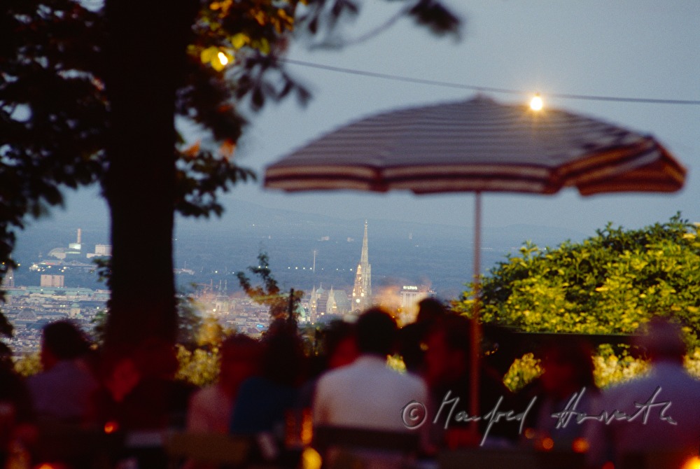 Terrasse von Restaurant Villa Aurora mit Blick auf Wien
