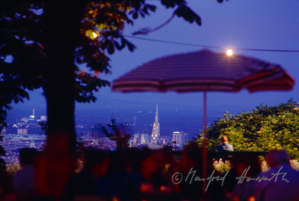 Terrasse von Restaurant Villa Aurora mit Blick auf Wien