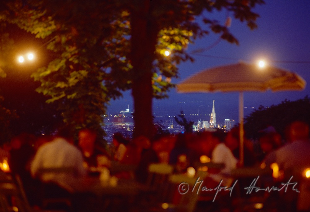 Terrasse von Restaurant Villa Aurora mit Blick auf Wien