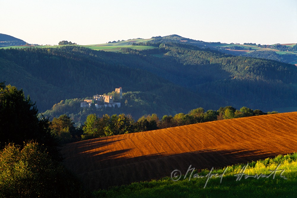 Burgruine und rollende Felder