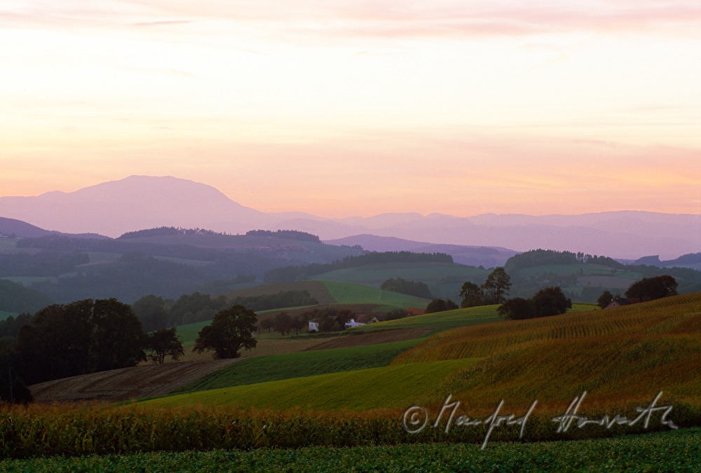 Bauernhof in hügeliger Landschaft