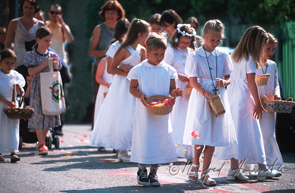 Fronleichnam, Schulkinder streuen Blütenblätter