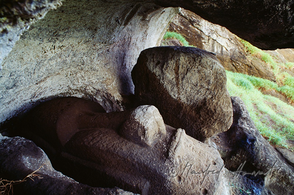 umgestürzter Moai bei Rano Raraku