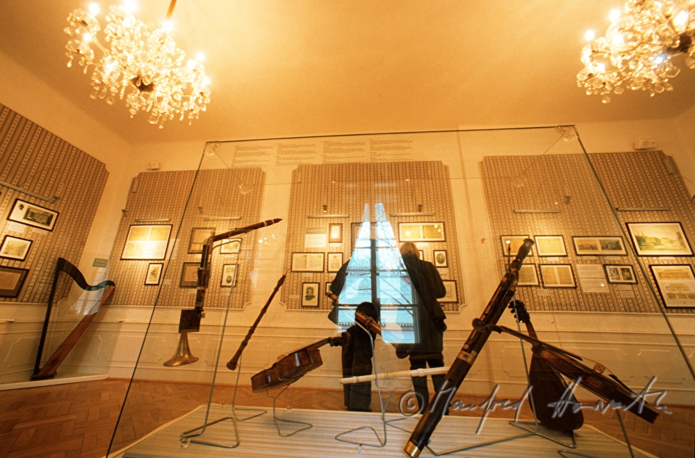 alte Musikinstrumente in Vitrine
