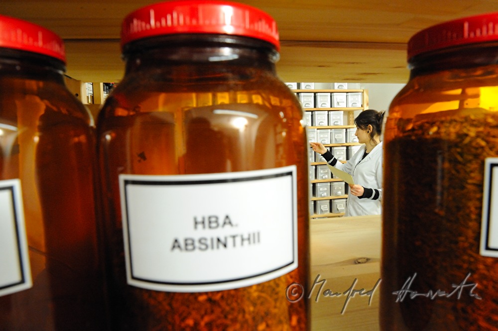 Apothekerin sucht im Naturstofflager nach Zutaten