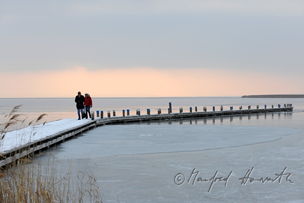 Steg und Schilfgürtel bei Sonnenuntergang
