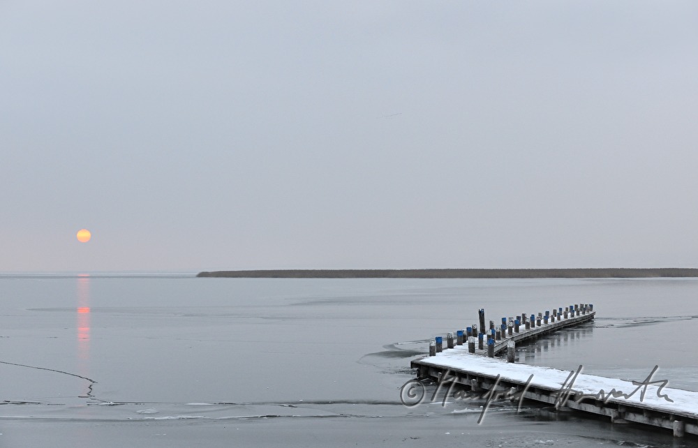 Steg und Schilfgürtel bei Sonnenuntergang