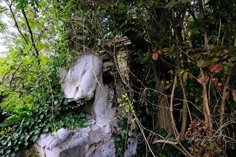 verwachsene Sphinx im Garten der historischen Papierfabrik