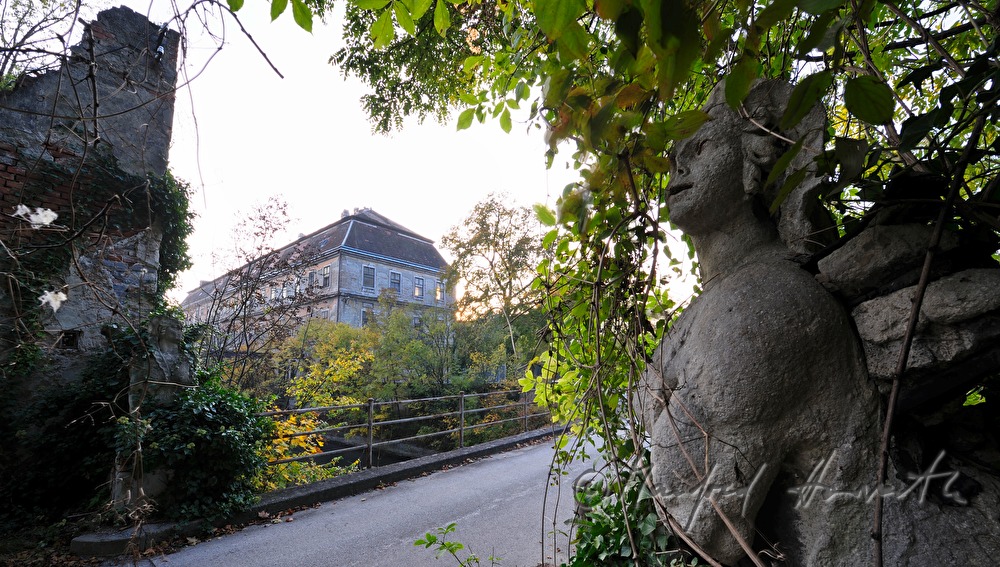 verwachsene Sphinx im Garten der historischen Papierfabrik