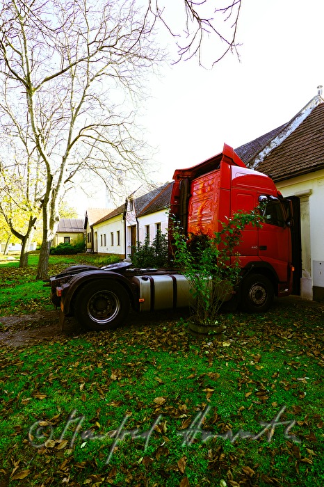 Lastwagen parkt vor einem kleinen Haus am Anger