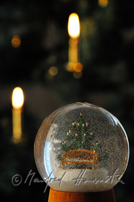 Schneekugel (mit Weihnachtsbaum) vor einem Weihnachtsbaum
