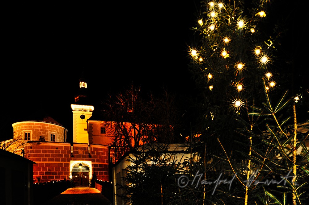 Weihnachtsmarkt mit Christbaumvor dem Schloss