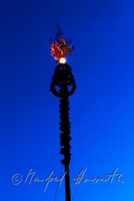 geschmückter Maibaum in Abendbeleuchtung