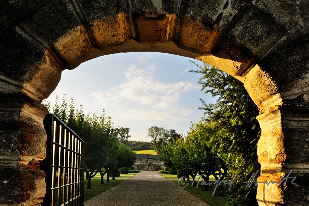 Blick durch den Eingang zum Apfelhain im Schlossgarten