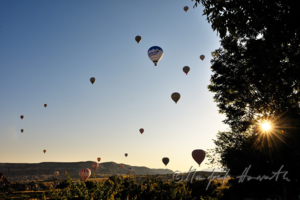 Heißluftballone überfliegen die Tuffstein-Landschaft