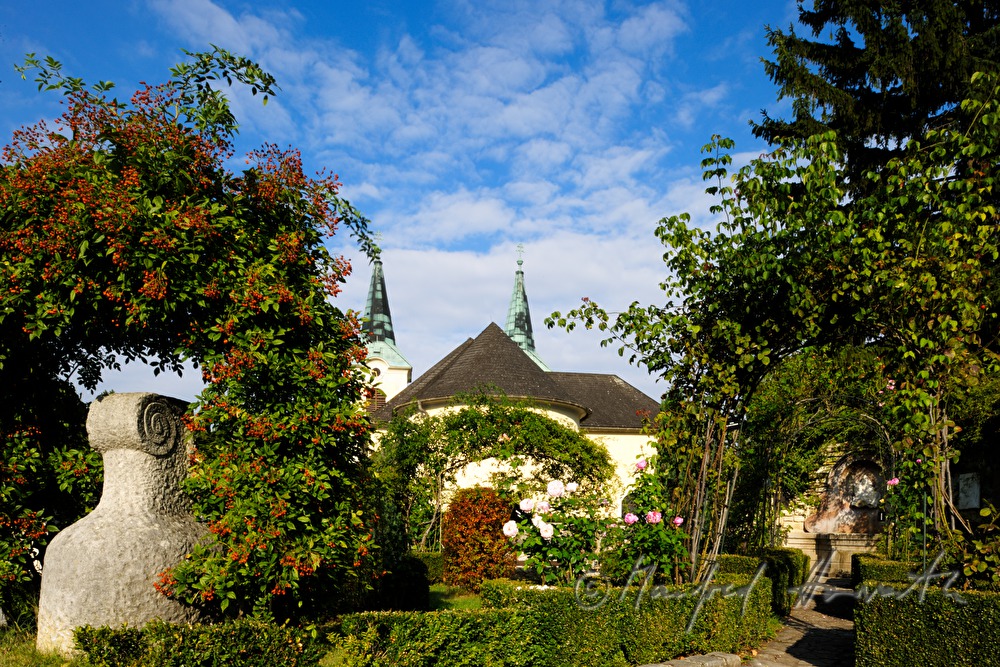 Rosengarten „Stein und Rose“ , Kirche und Europabrunnen