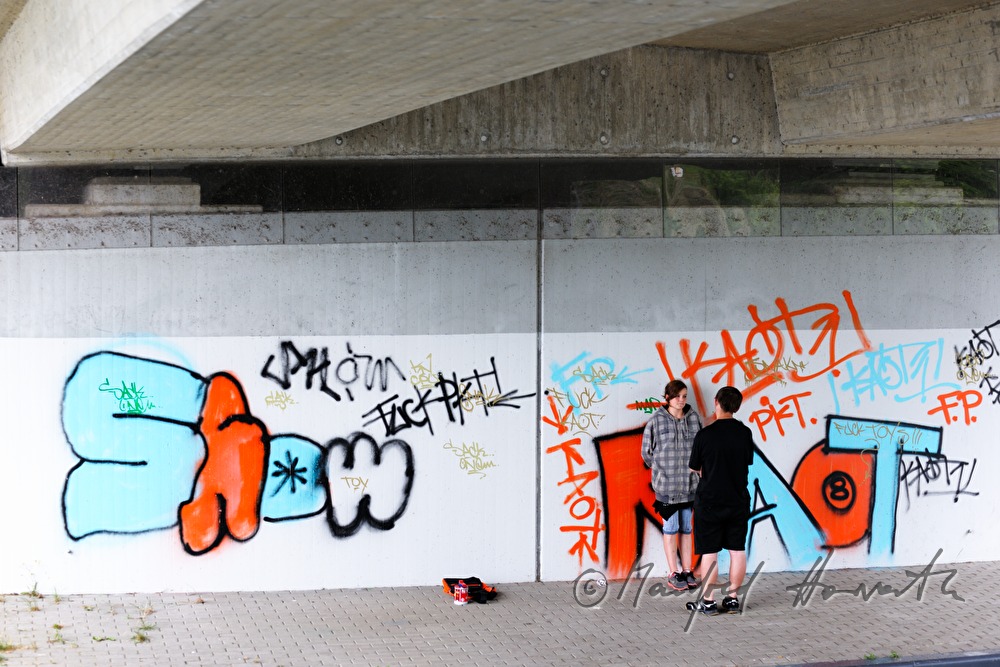 Eisenbahnbrücke mit Graffitis an der Müritz