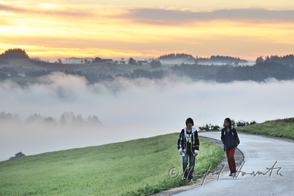 Schüler am Morgen auf dem Weg zum Schulbus