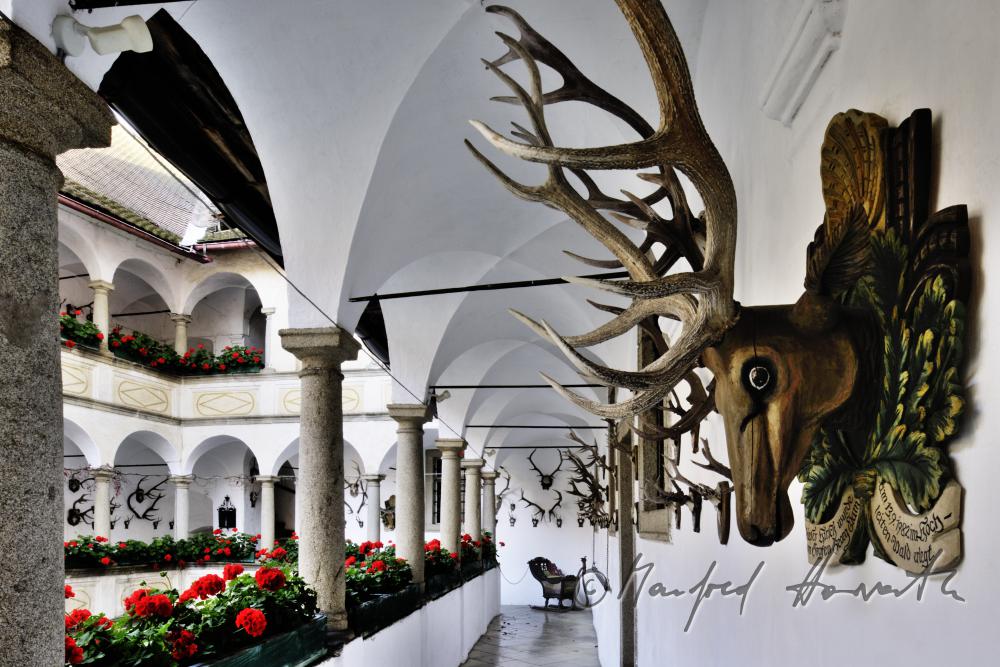 Arkadenhof mit Jagdtrophäen