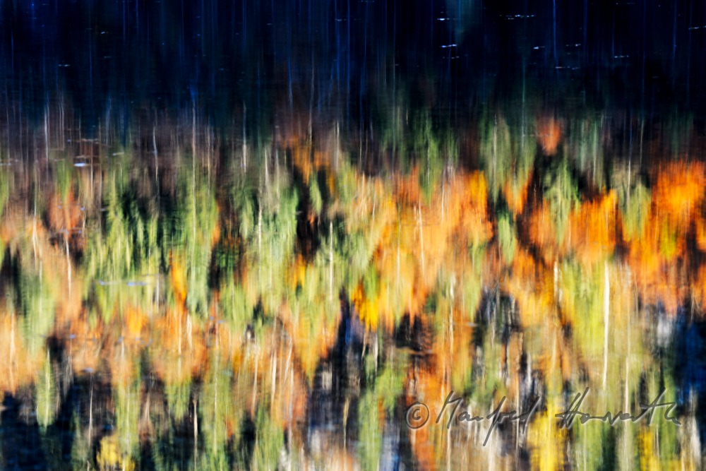 Bäume in Herbstfarben spiegeln sich an Wasseroberfläche