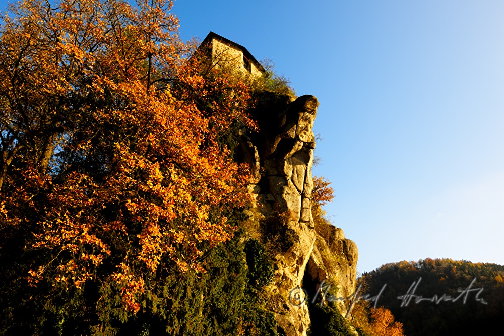 Blick von der Donau auf Schusterstein und Burg Werfenstein