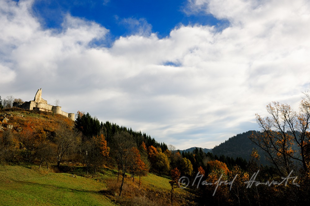 Burgruine Ruttenstein über dem Tal der Großen Naarn