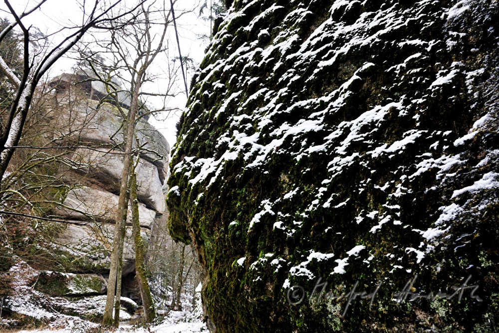 moosbedeckter Felsen und zerklüfteter Granit