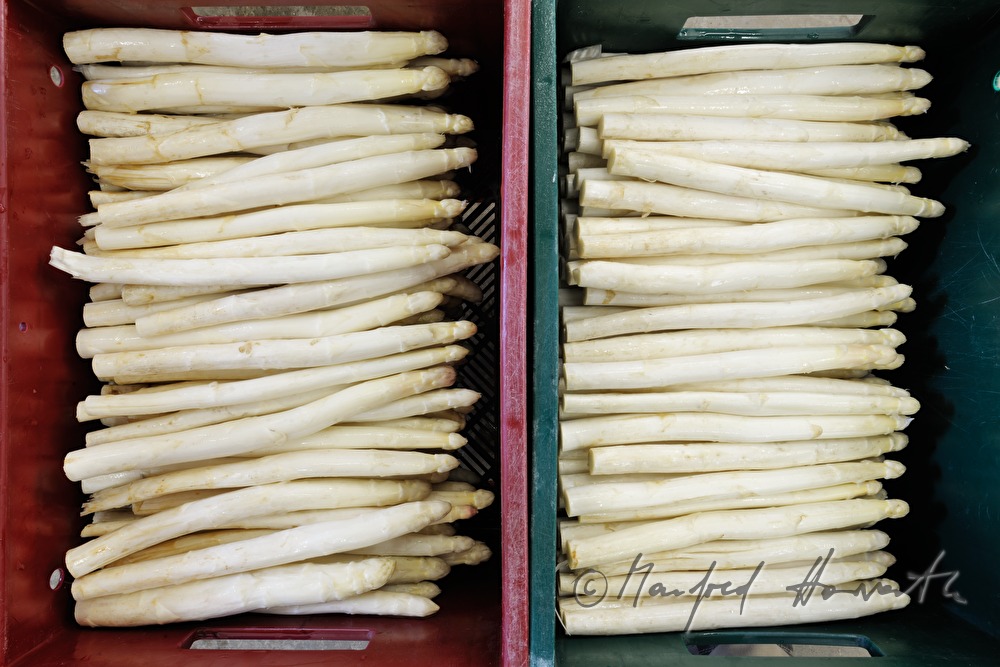 Kiste mit Bio-Spargel bei der Ernte im Frühjahr