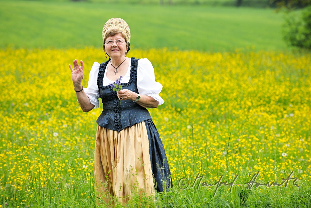 Frau in Wachauer Tracht beim Blumenpflücken