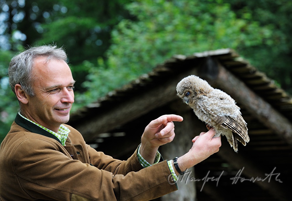 junge Schleiereule und Tierpark-Direktor im Naturpark Buchenberg