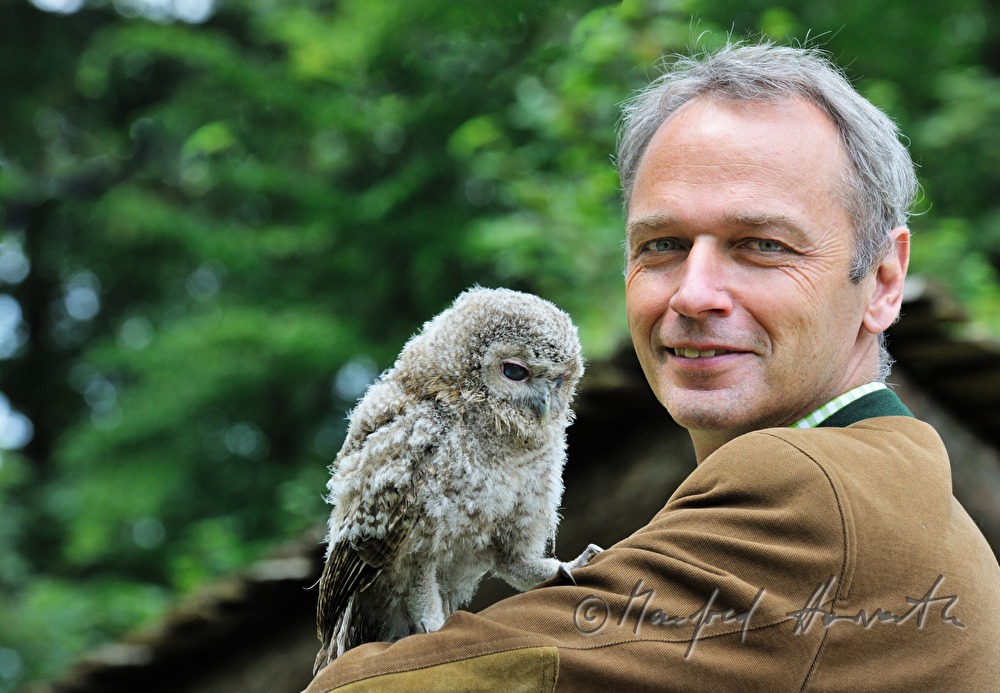 junge Schleiereule und Tierpark-Direktor im Naturpark Buchenberg