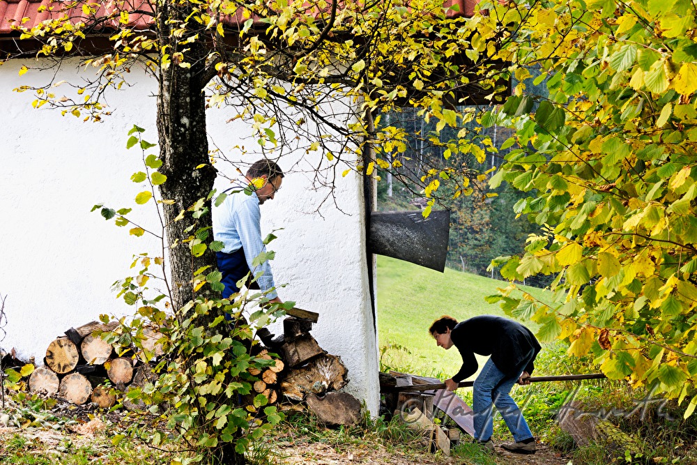 Herstellung von Kletzen aus Birnen in der Dörrhütte