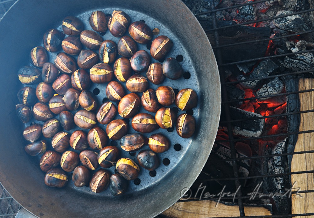 Maronibraten beim Kastanienfest im Wald