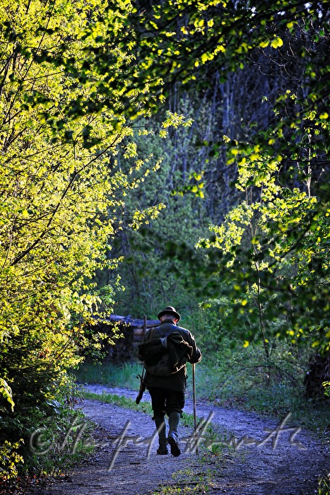 Jäger am Morgen auf dem Weg zum Hochstand