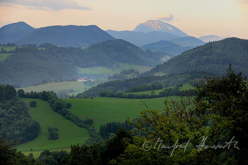 Blick über die Felder auf den Ötscher