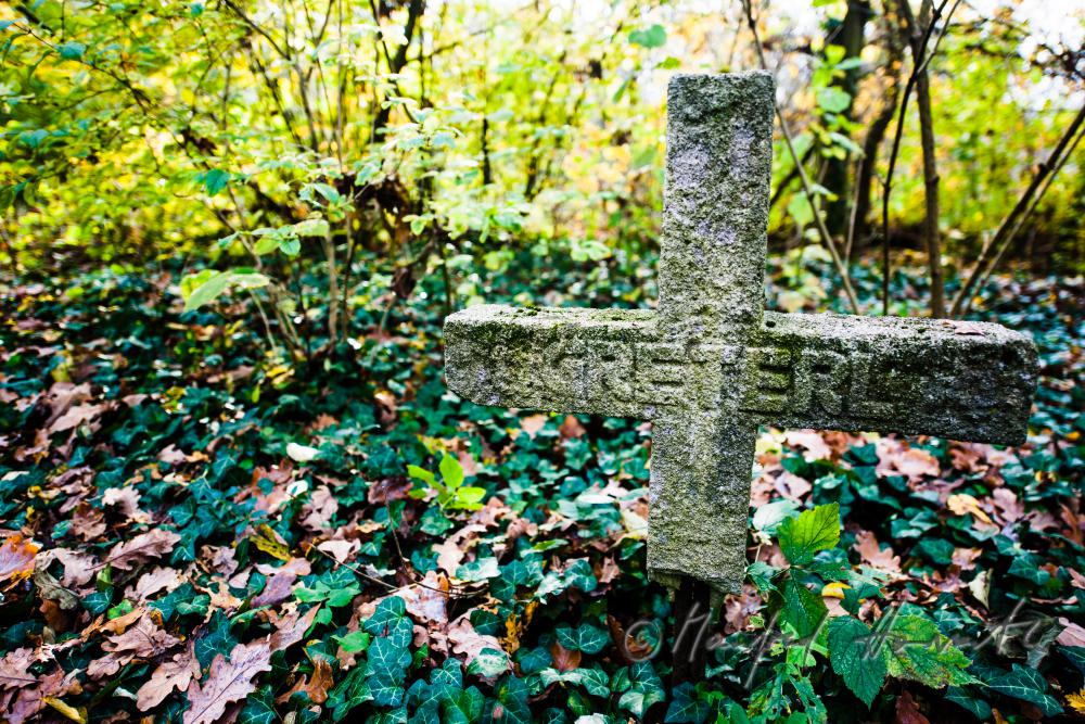 Kreuz mit Inschrift am verlassenen 