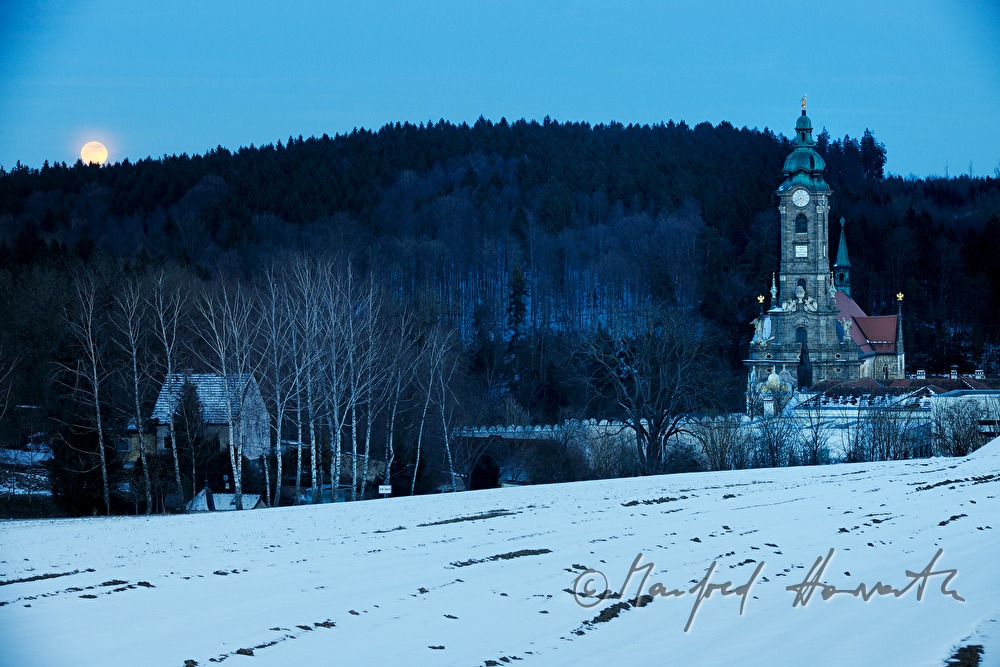 Stiftskirche am Waldrand bei Vollmond