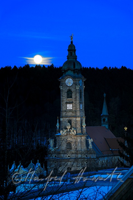 Stiftskirche am Waldrand bei Vollmond