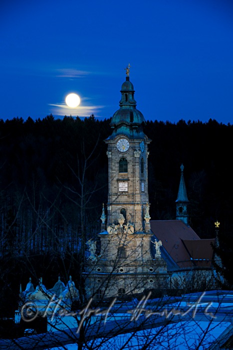 Stiftskirche am Waldrand bei Vollmond