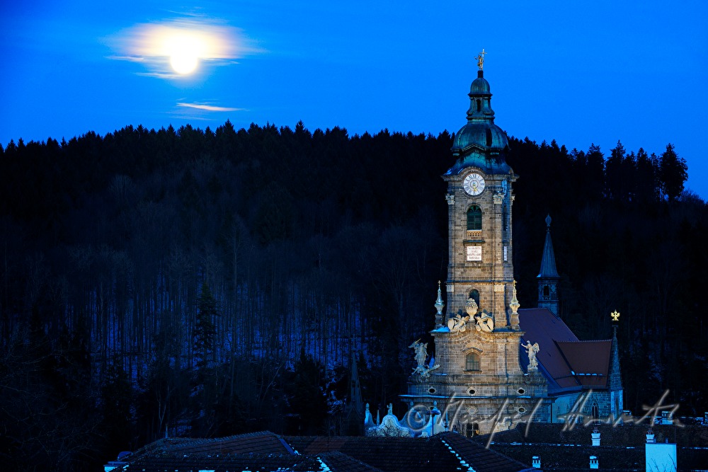 Stiftskirche am Waldrand bei Vollmond