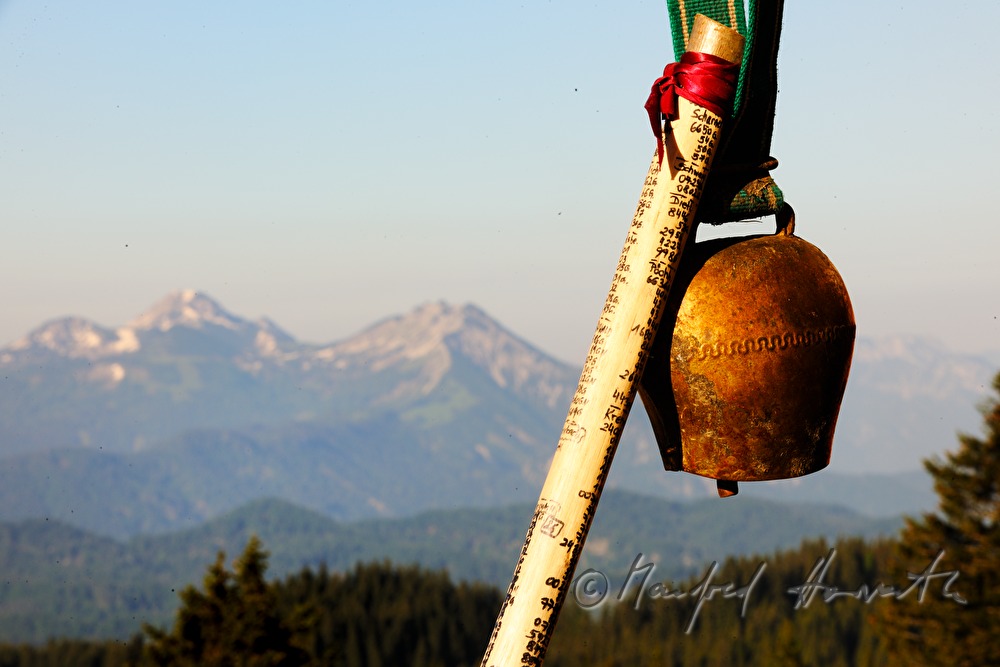 Kuhglocke und Wanderstab der Kuhhüterin mit eingeschnitzten Nummern der Kühe