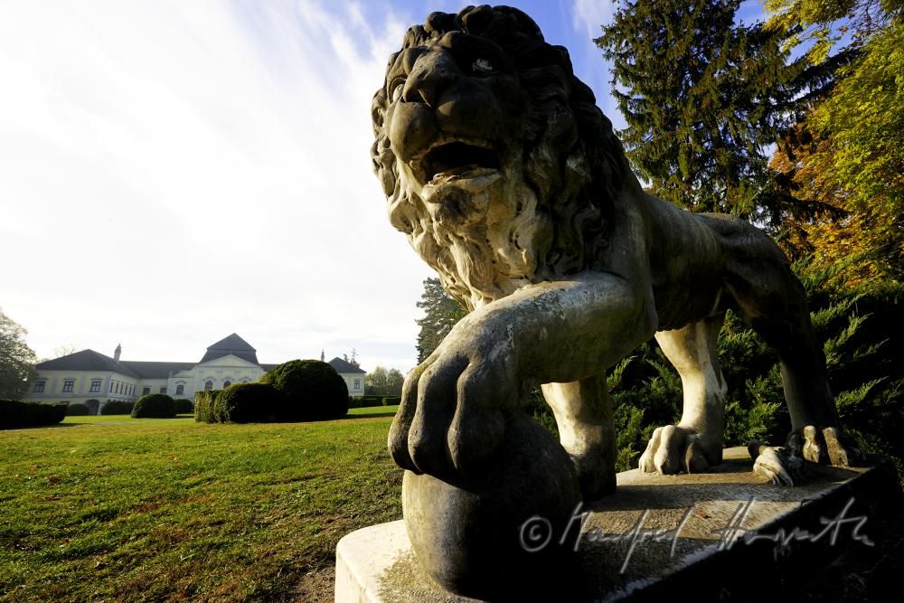Skulptur eines Löwen und Gartenfront
