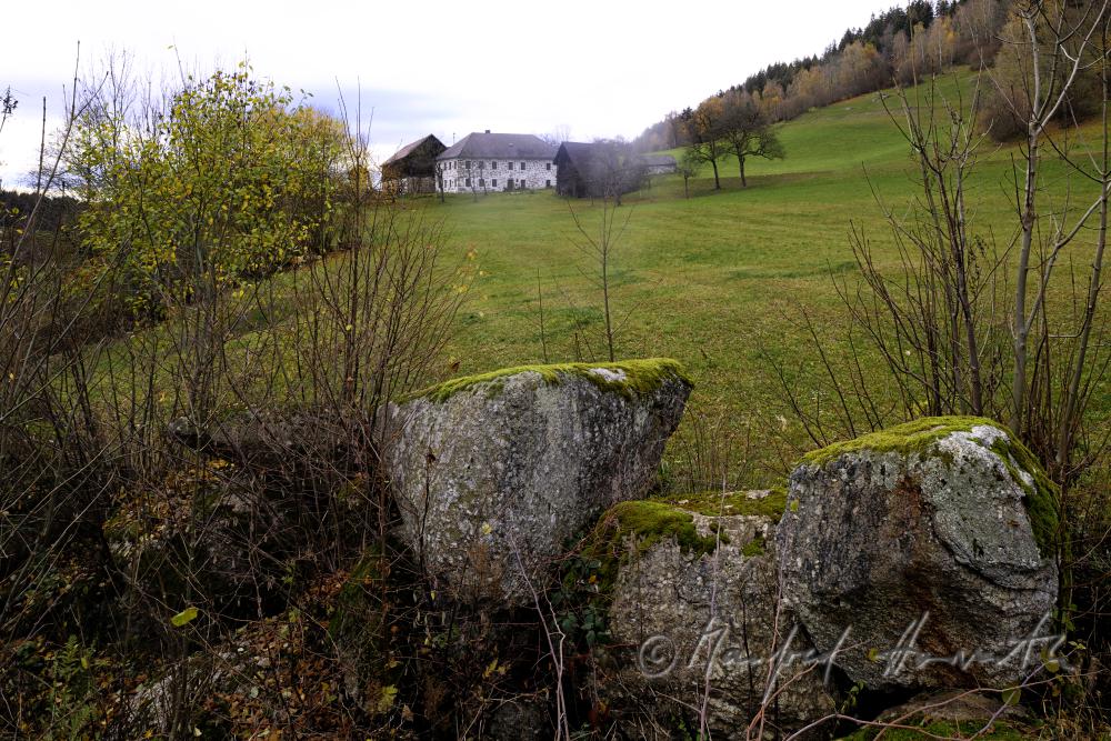 Granit-Findlinge in einem Feld vor Steinblass-Hof