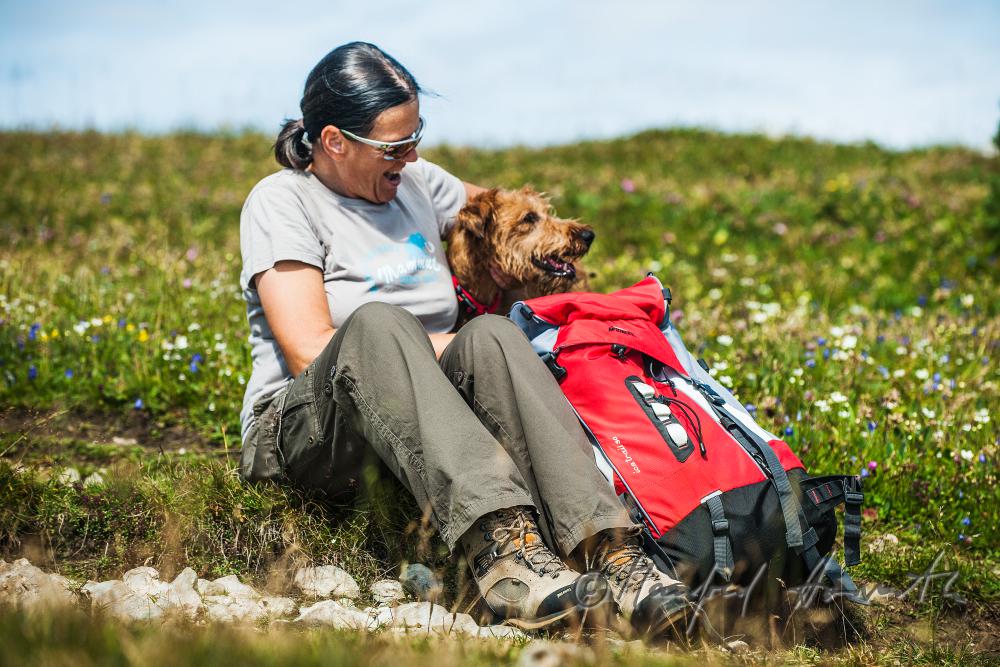 Wandererin mit Hund auf dem Höhenweg