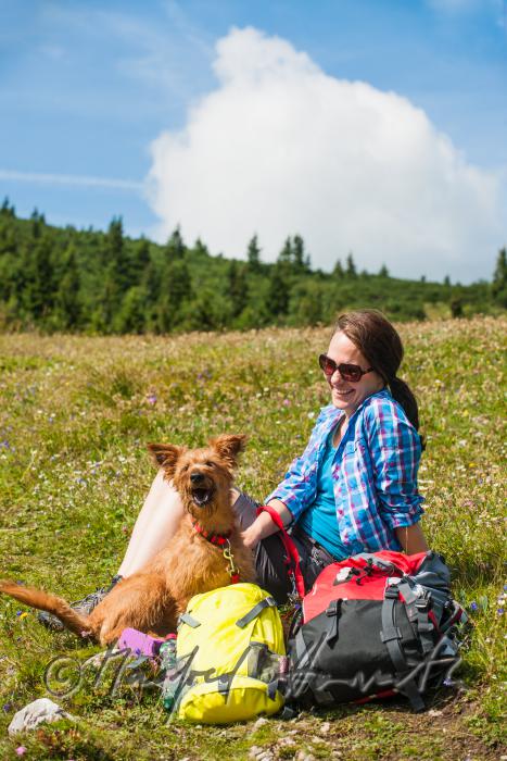 Wandererin mit Hund auf dem Höhenweg