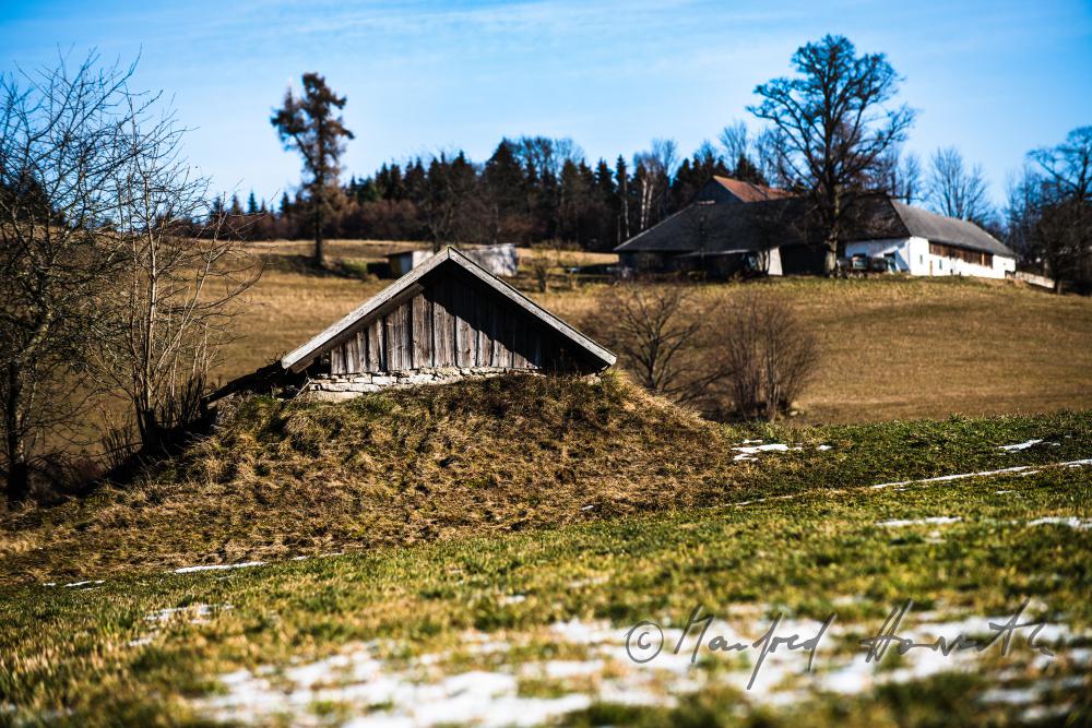 halb in der Erde liegender Erdäpfelkeller in einem Feld abseits des Bauernhauses
